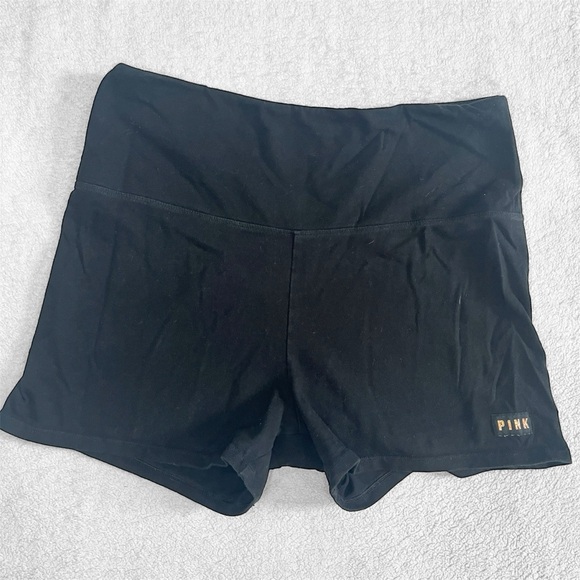 PINK Victorias Secret Women LARGE Spandex Shorts Black High Waisted Glitter Logo - Picture 2 of 8